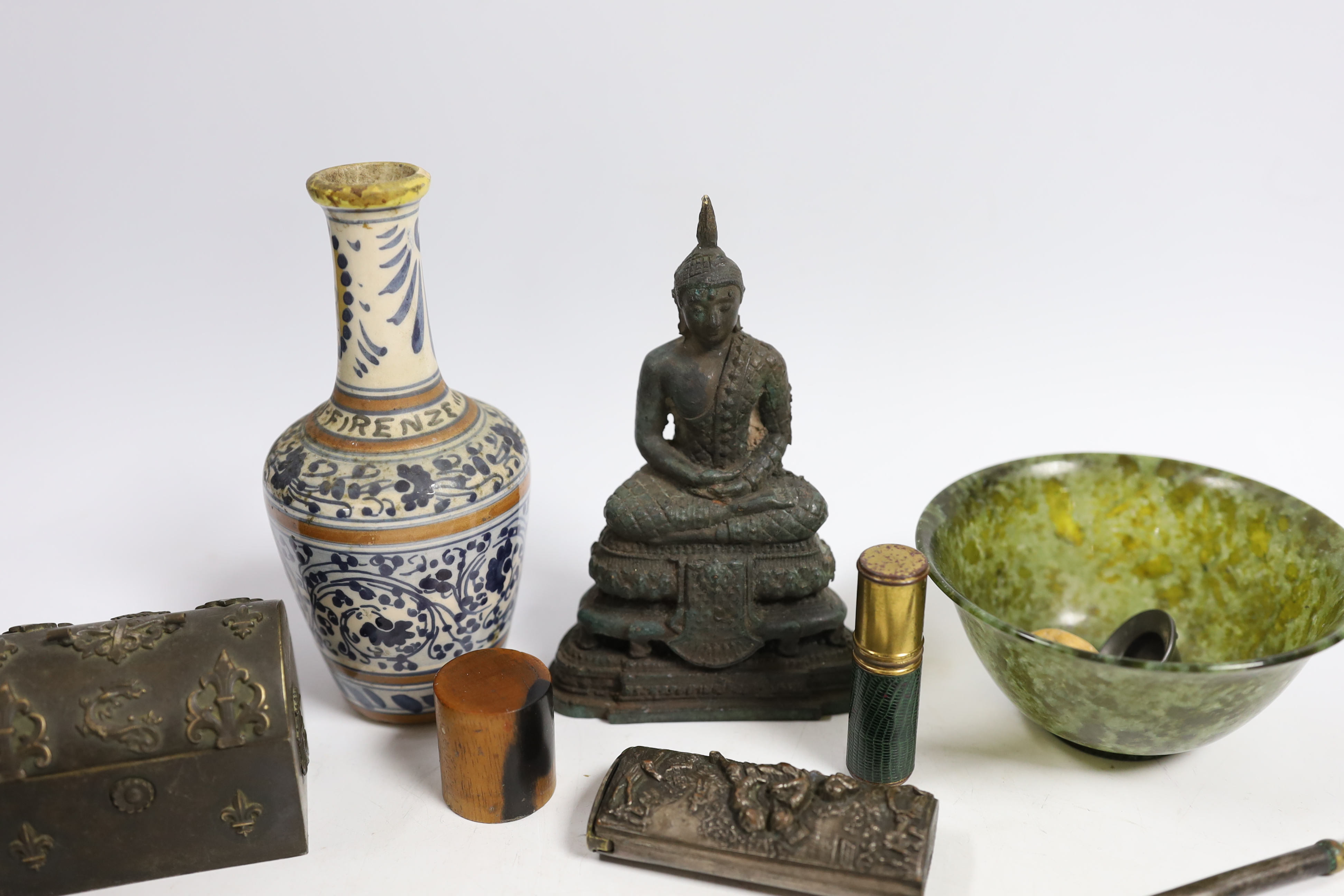 A Chinese hardstone bowl, a cast Buddha and five other items including a domed miniature chest, largest 13cm high